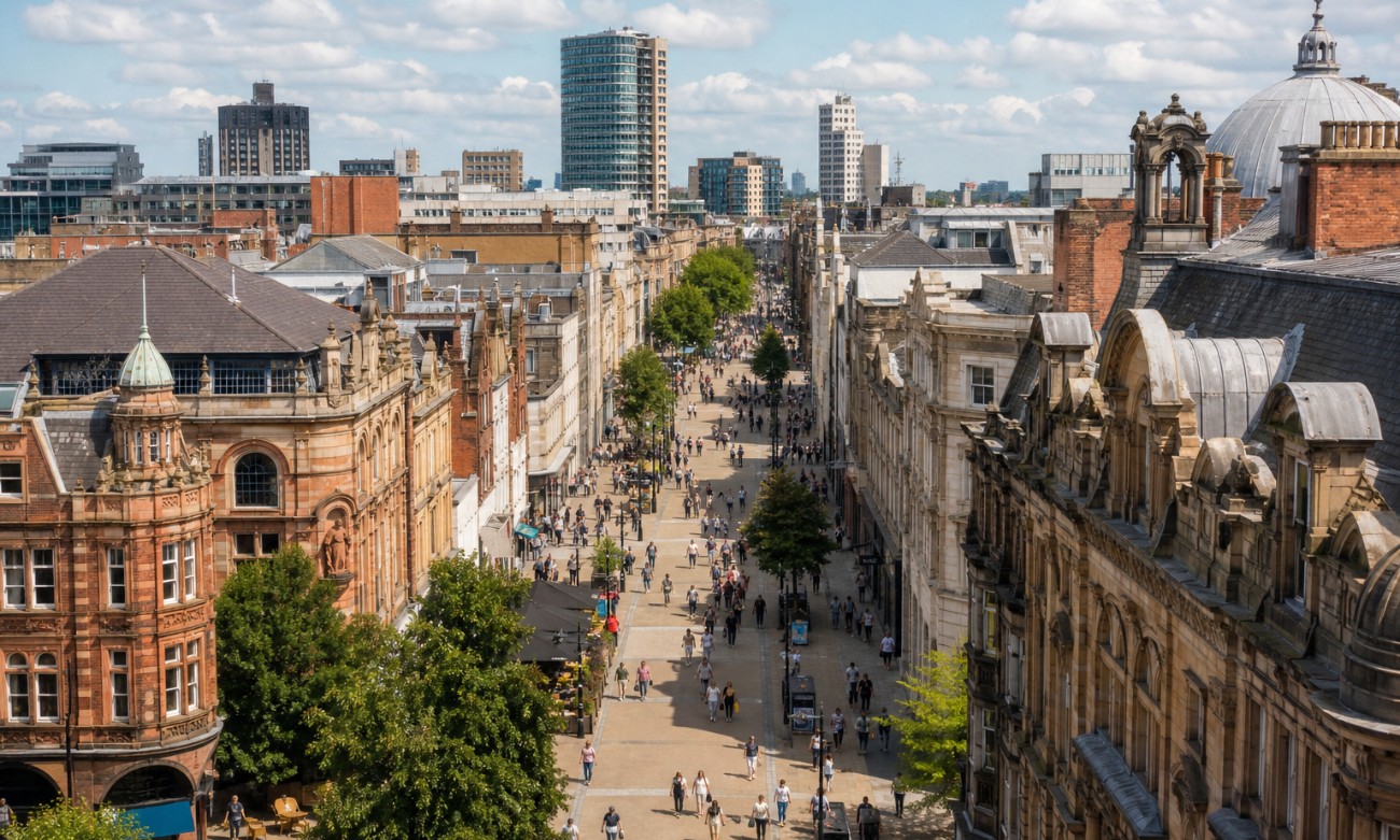 Students exploring Briggate in Leeds city centre near GoBritanya Briggate Studios